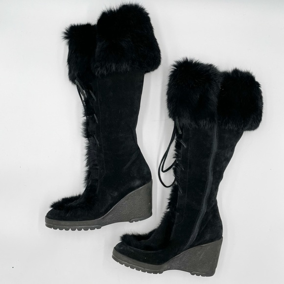 SOLD-Coach Karita Black Wedge Boots Suede Leather Rabbit Fur Knee Heels - Picture 2 of 11